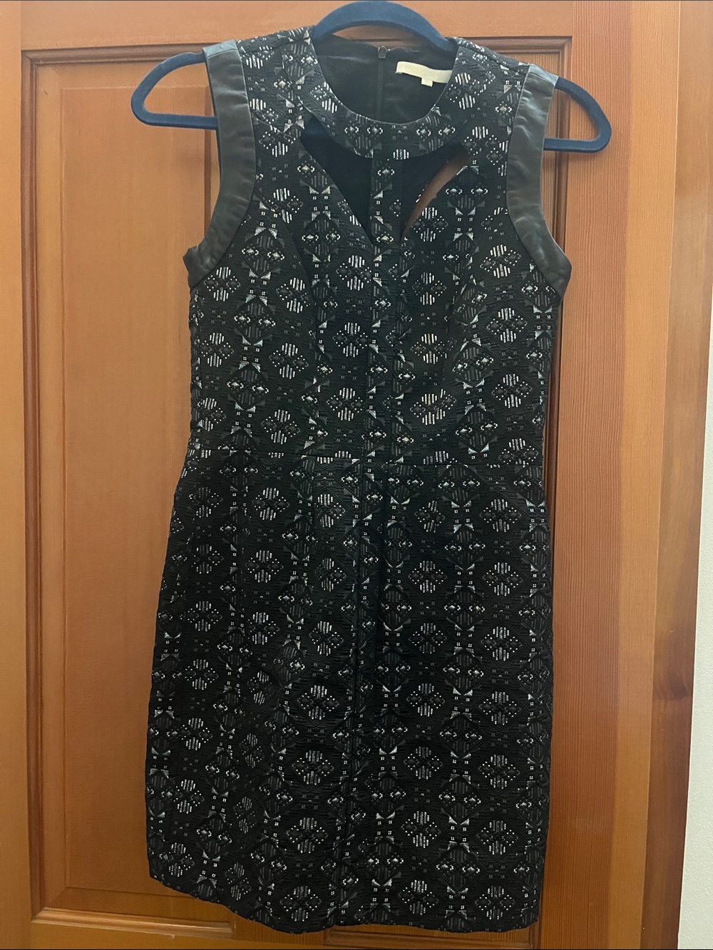 Maje Black Sleeveless Patterned Sheath Dress with Faux-Leather Trim